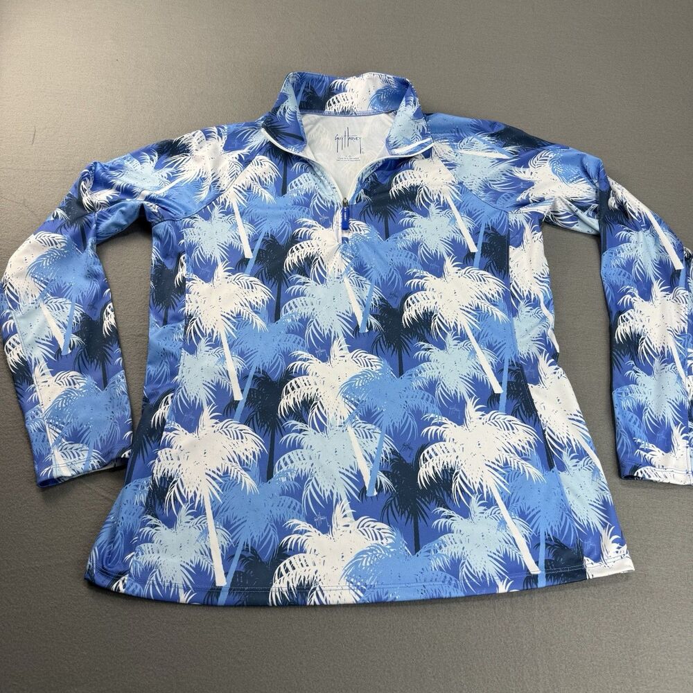 Womens Guy Harvey Long Sleeve ¼ Zip Sz Large Beach Boat Shirt Blue Palms